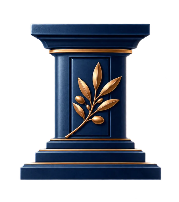 Illustration of a classical blue pillar base adorned with a sprig of golden leaves.