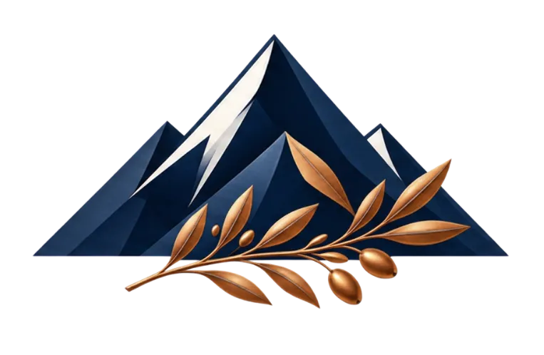 Illustration of blue mountains overlapping with a geometric shape and golden leaf sprigs.