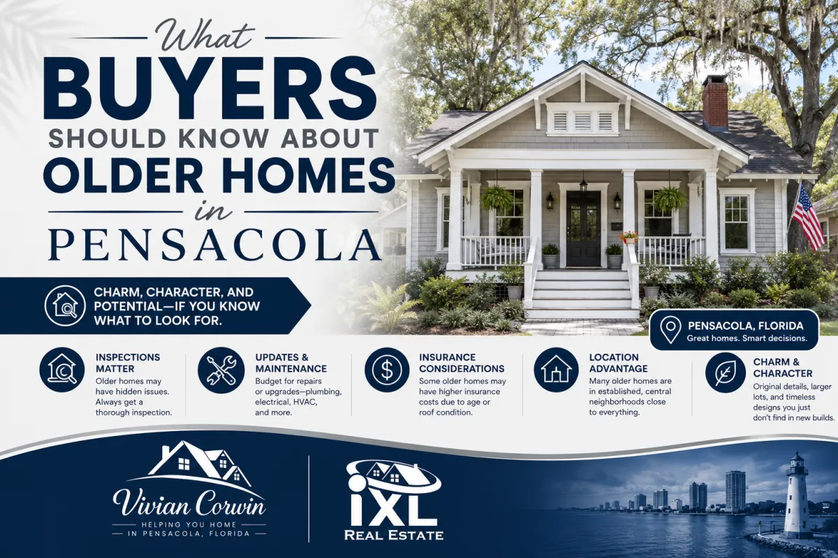 Older residential home in Pensacola Florida with established neighborhood and mature landscaping