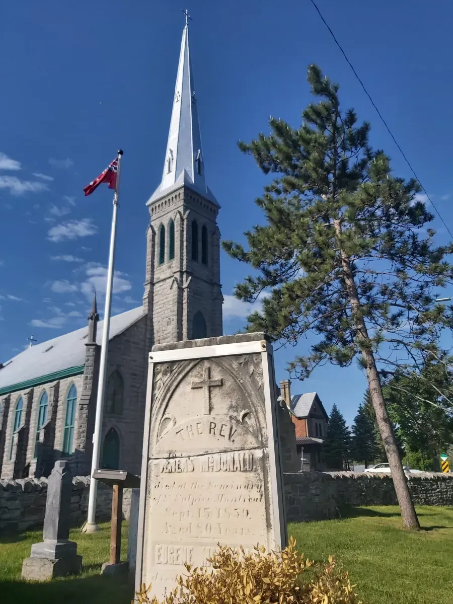 St. Andrews West Catholic Church, from https://toosquaretobehip.com/st-andrews-west-the-scottish-parish-home-to-the-burial-site-of-simon-frazer-and-ontarios-first-premier-john-sanfield-macdonald/