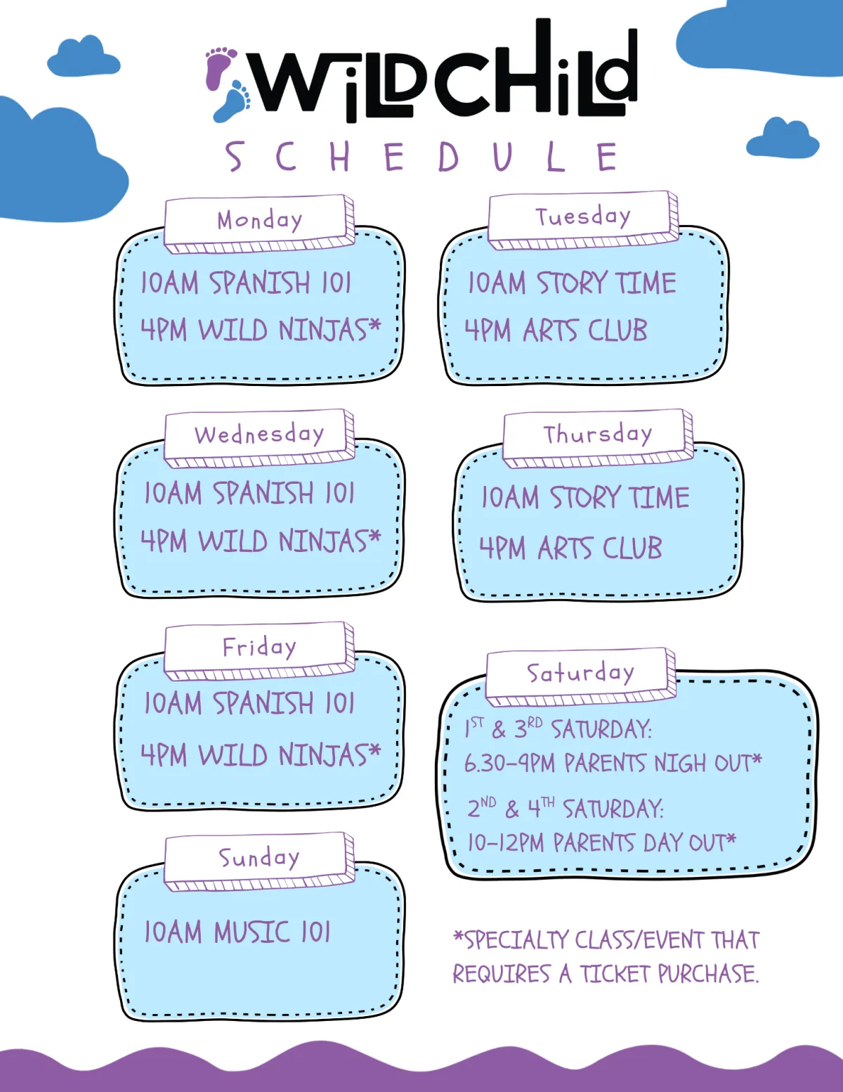 Wild Child weekly class schedule showing Spanish, Story Time, Arts Club, Wild Ninjas, and weekend parent events in Bastrop, Texas.
