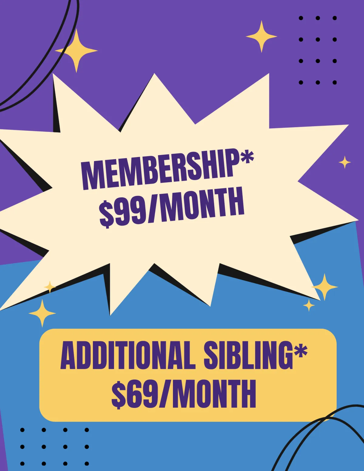 Wild Child membership pricing graphic showing $99 monthly plan for unlimited play in Bastrop, TX