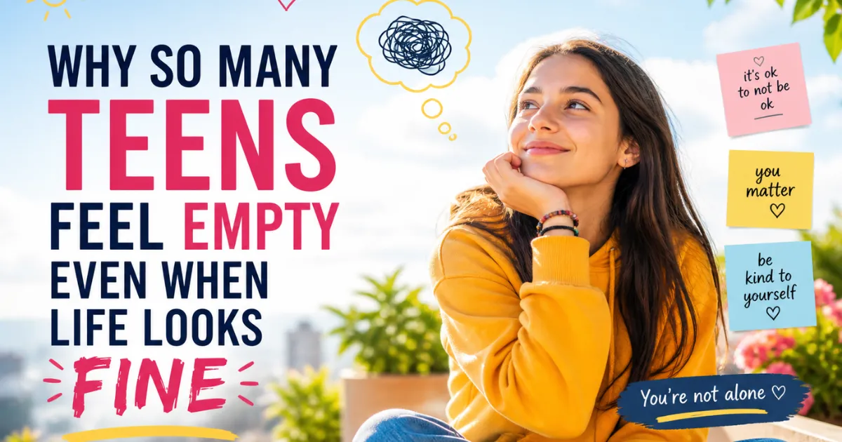 Teen girl sitting outdoors in bright sunlight, looking thoughtful with text about why teens feel empty even when life looks fine and messages about mental health and self-worth