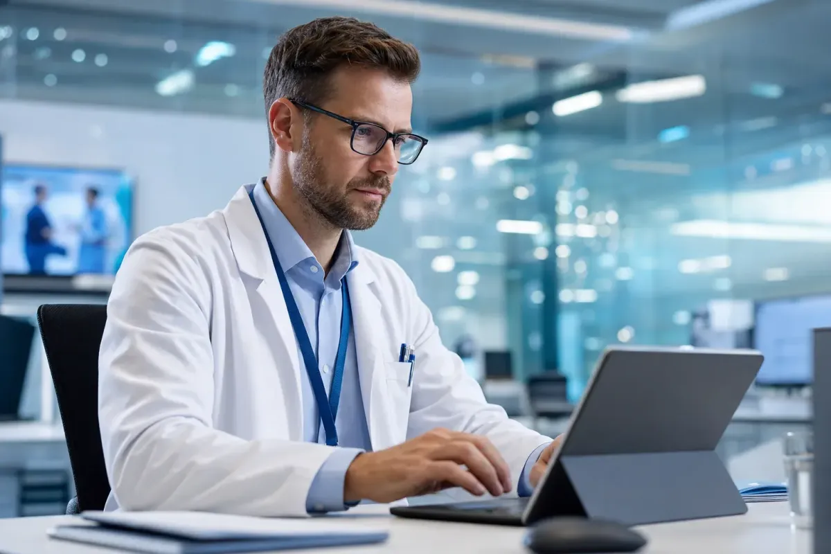 Healthcare professional securely accessing patient data on a tablet in a modern office