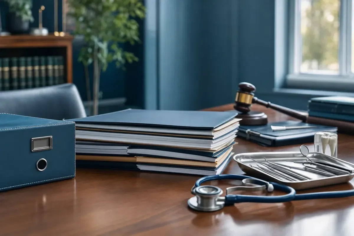 Legal documents, a gavel, and a stethoscope representing dental wrongful death litigation