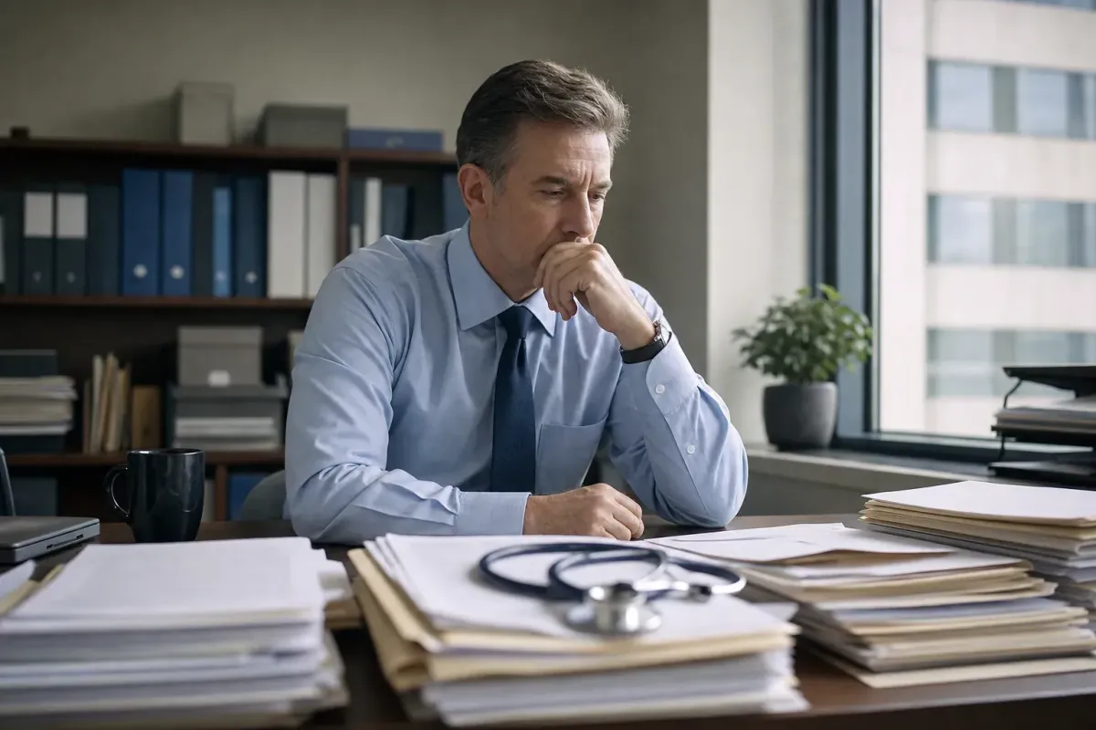 Hospital administrative desk with financial documents and a stethoscope representing medical error costs