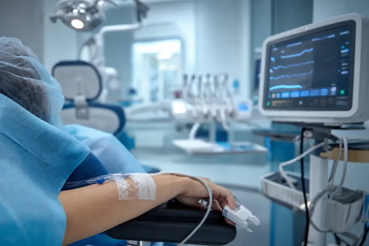 IV sedation line and pulse oximeter with vital-sign monitor in oral surgery operatory
