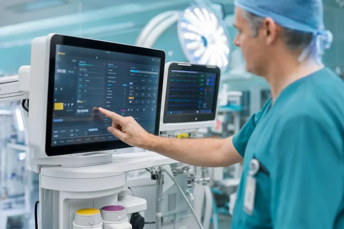 Clinician using an anesthesia record display beside a patient monitor in a modern procedural suite