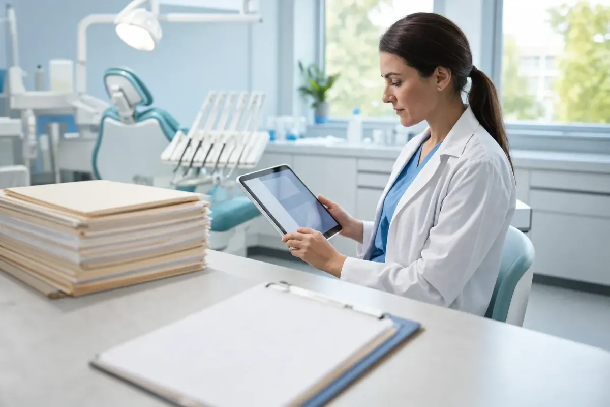 Paper patient charts in the foreground with a clinician using digital records on a tablet behind