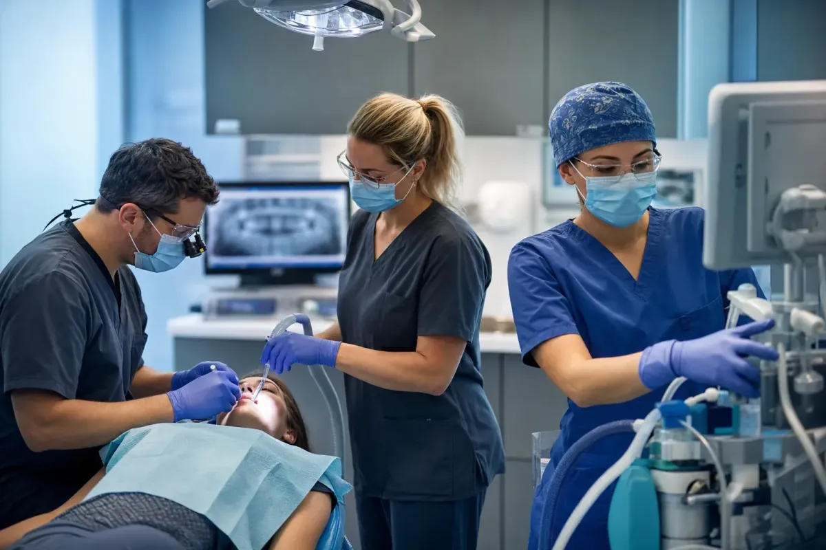 A skilled dental anesthesia team working together in a modern clinical setting