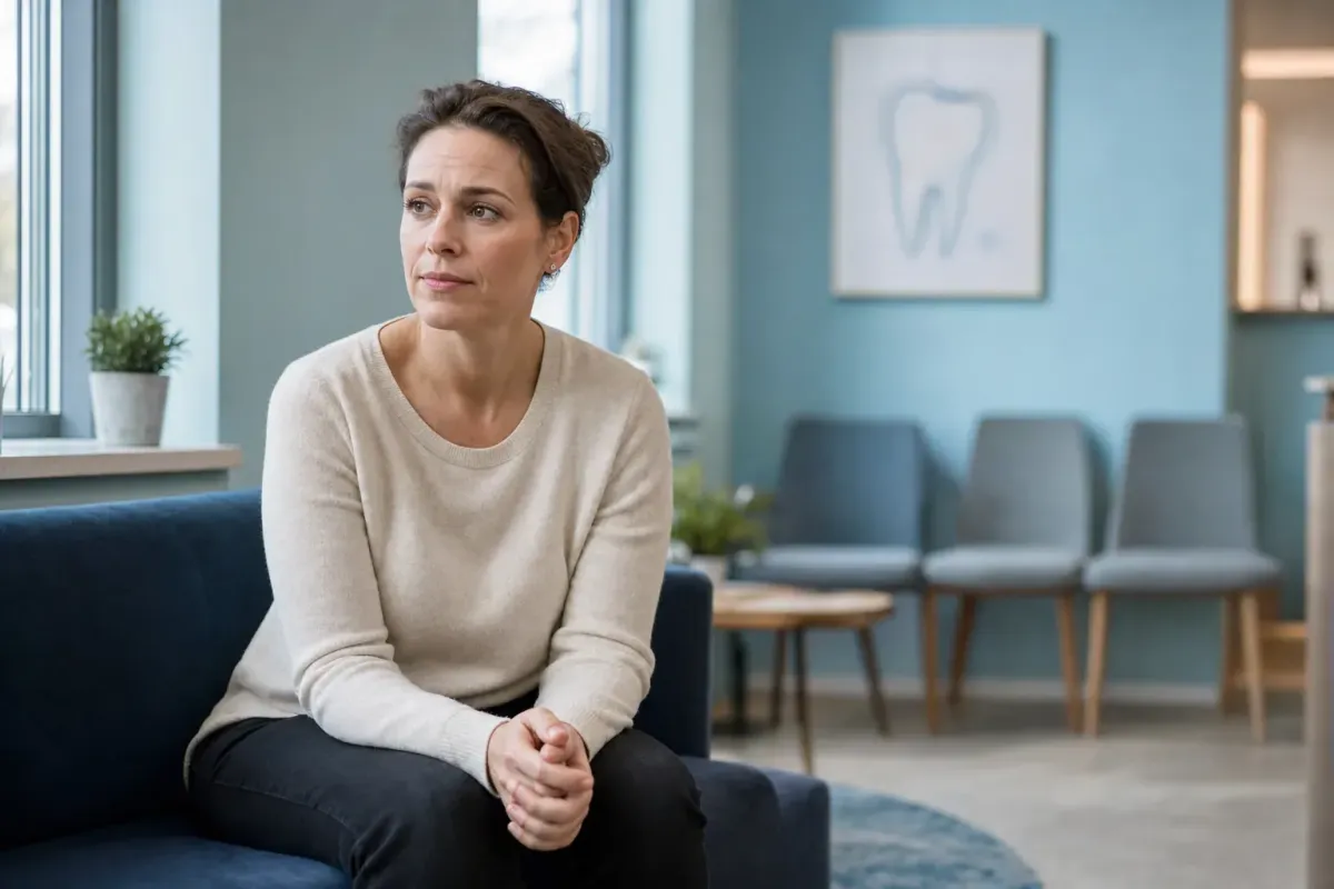 A patient in a dental waiting area conveying dental anxiety with a calm, respectful tone