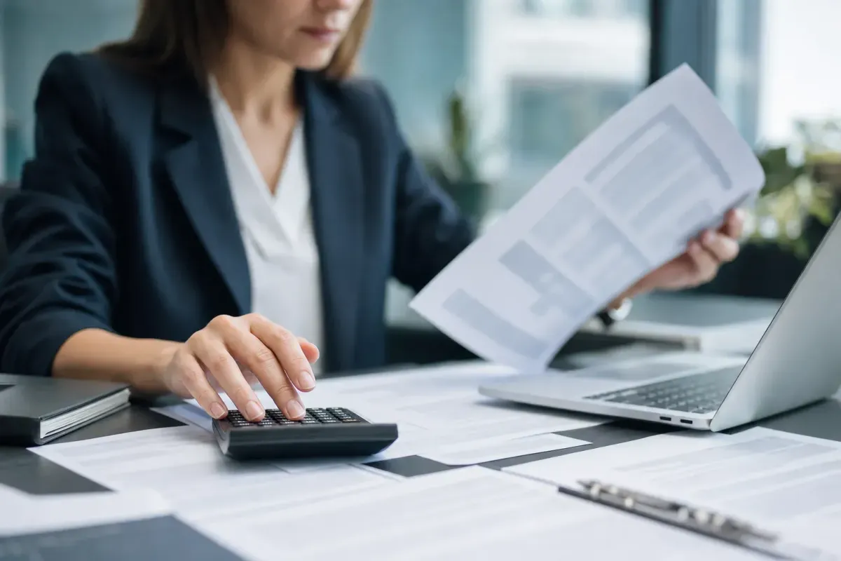 Compliance officer reviewing HIPAA penalty documentation with a calculator in a modern office