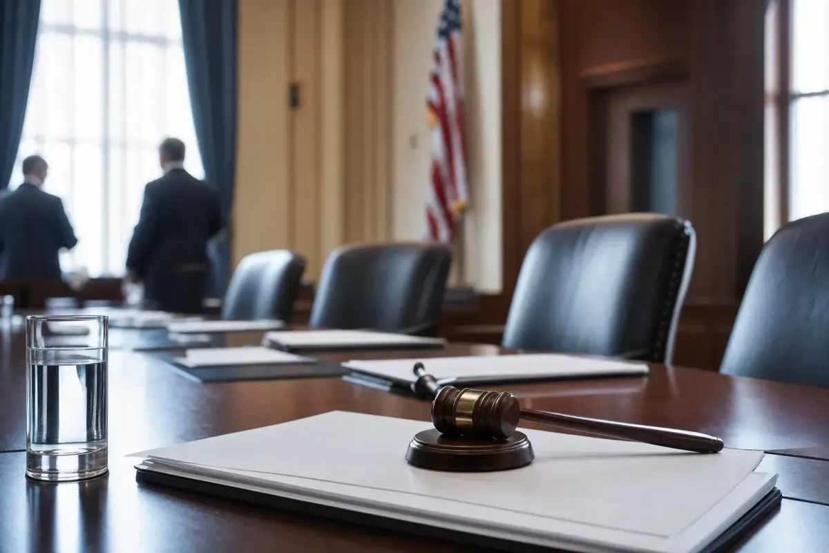 Formal state dental board hearing room where sedation disciplinary cases are reviewed