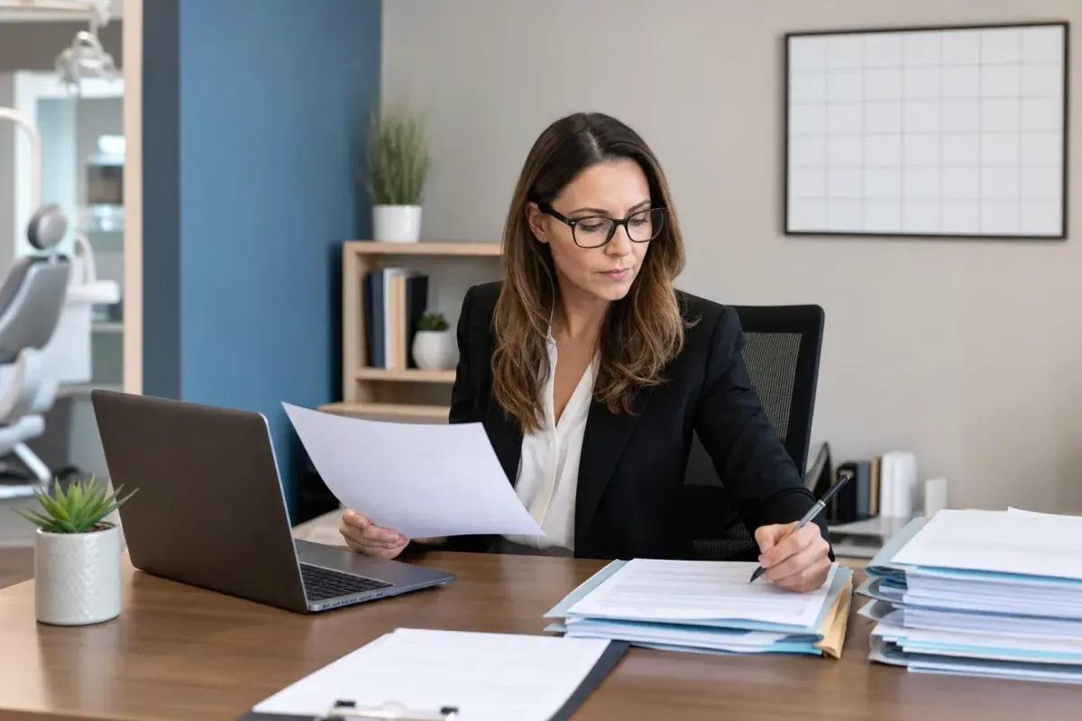 Dental practice administrator working through provider credentialing paperwork at a desk