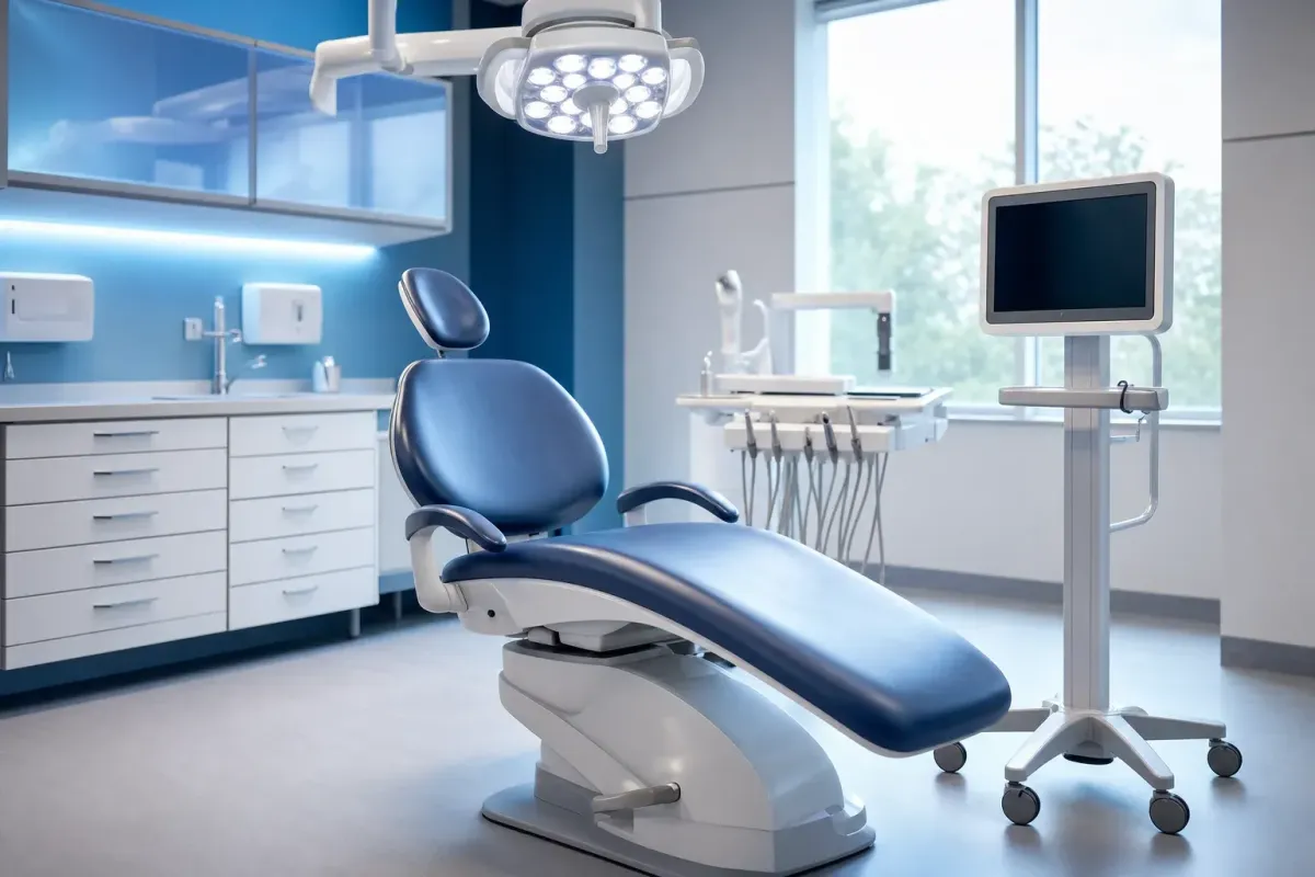 Modern oral surgery operatory with surgical chair and vital-signs monitor under clinical lighting