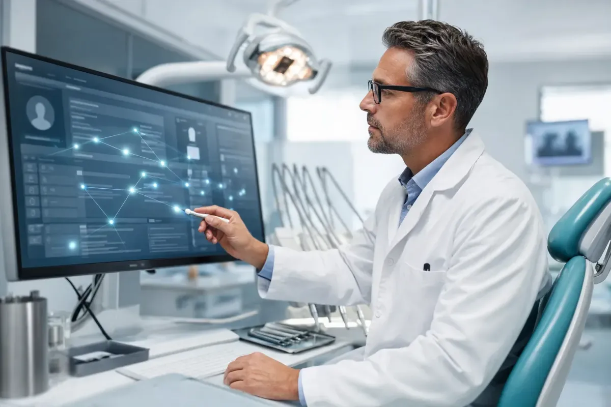 Dentist reviewing an electronic dental health record on a monitor in a modern practice