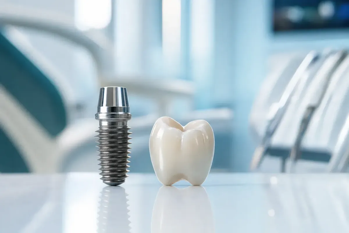 Close-up of a titanium dental implant beside a dental crown on a clean surface in a dental office