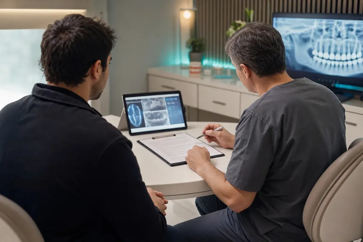 A dentist and patient discussing informed consent across a consultation desk with a consent document