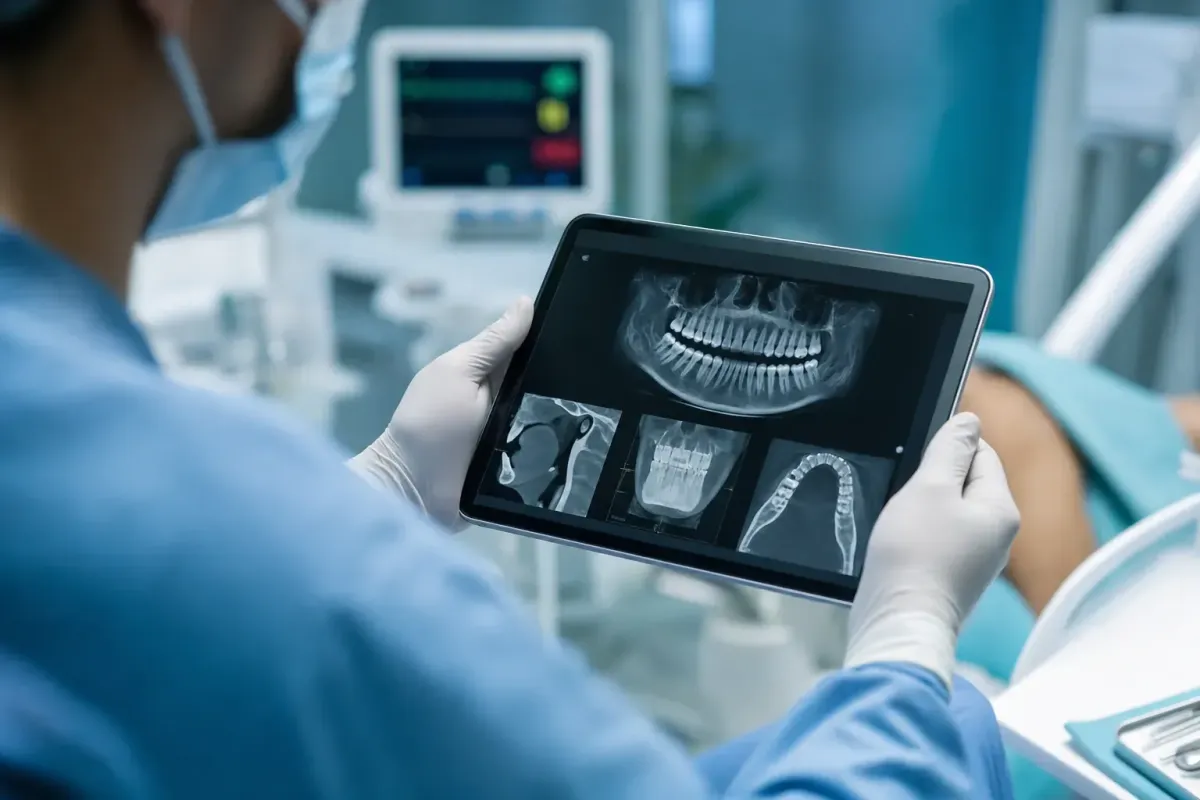 Oral surgeon's gloved hands reviewing a dental scan on a tablet with a vitals monitor in the background