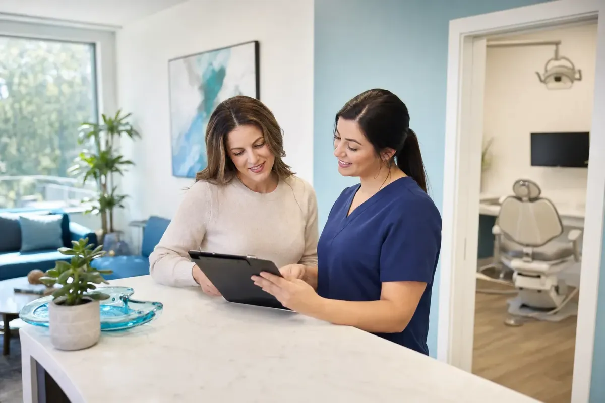 Patient reviewing dental insurance paperwork with a coordinator in a modern dental office