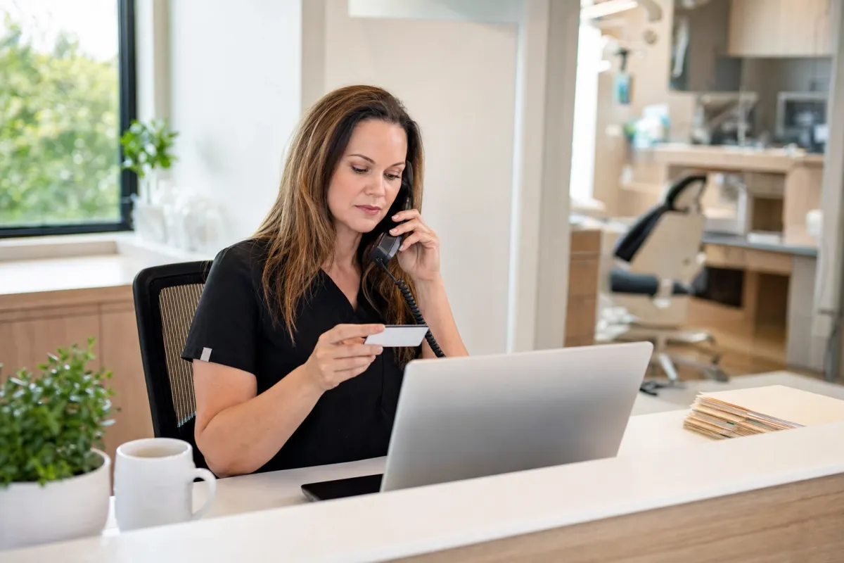 Dental office manager on the phone with Ameritas while holding a patient insurance card