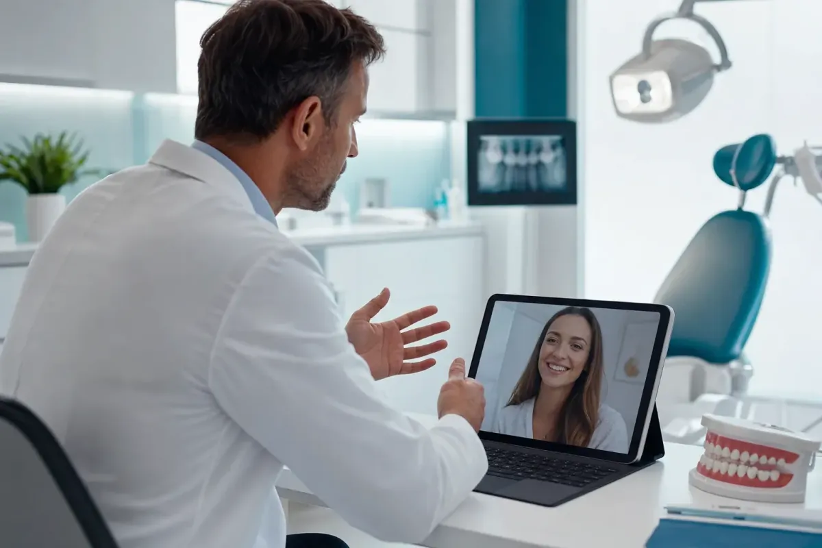 Dentist conducting a virtual dental consultation with a patient over video in a modern office