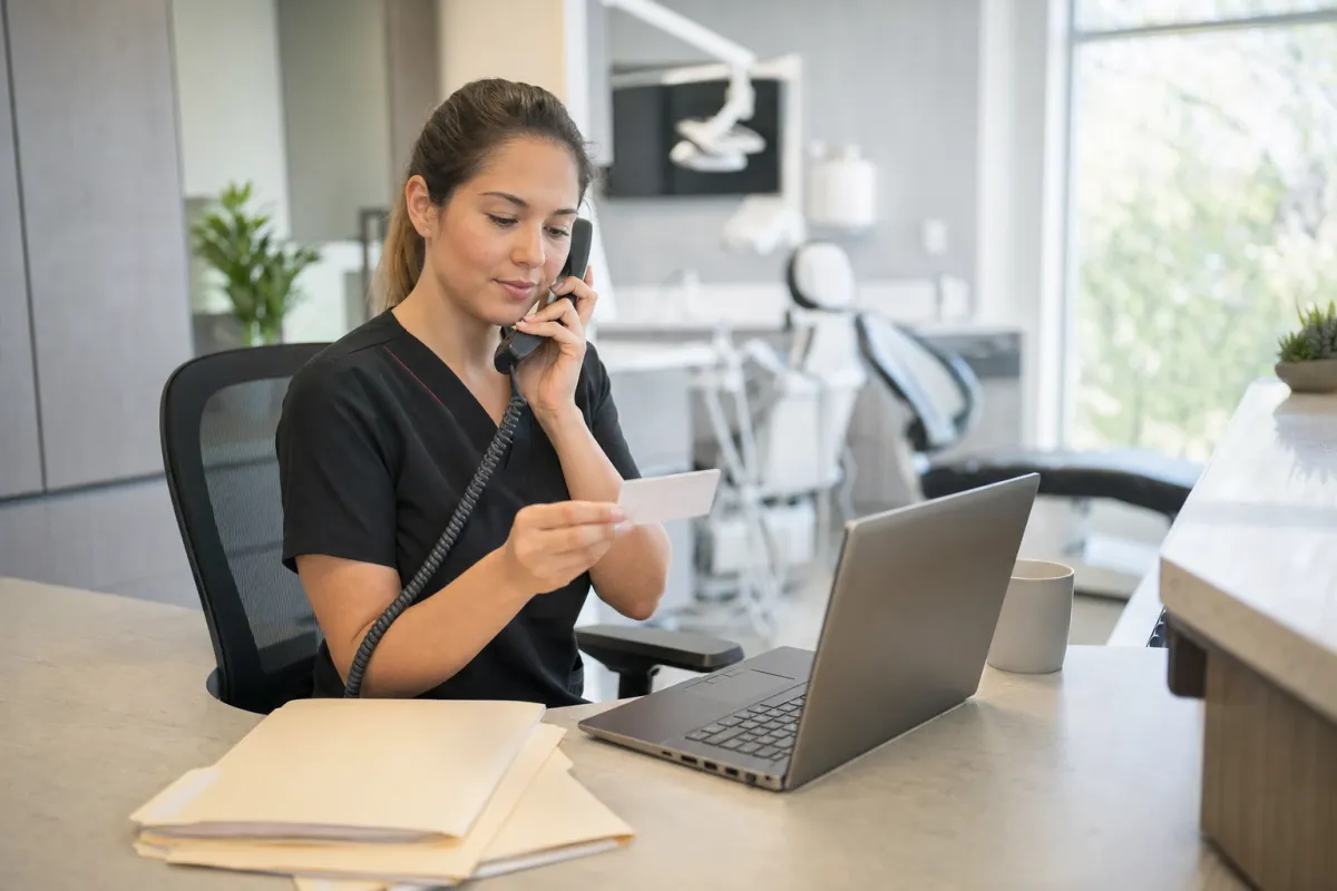 Dental billing coordinator on the phone with Sun Life dental while holding a patient insurance card