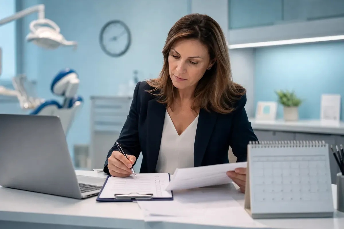 Dental practice manager reviewing a breach notification checklist and calendar in a modern office