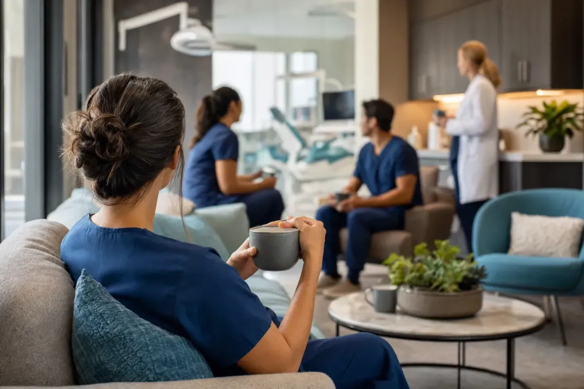 Cohesive dental team in a modern practice representing staff retention and workplace culture