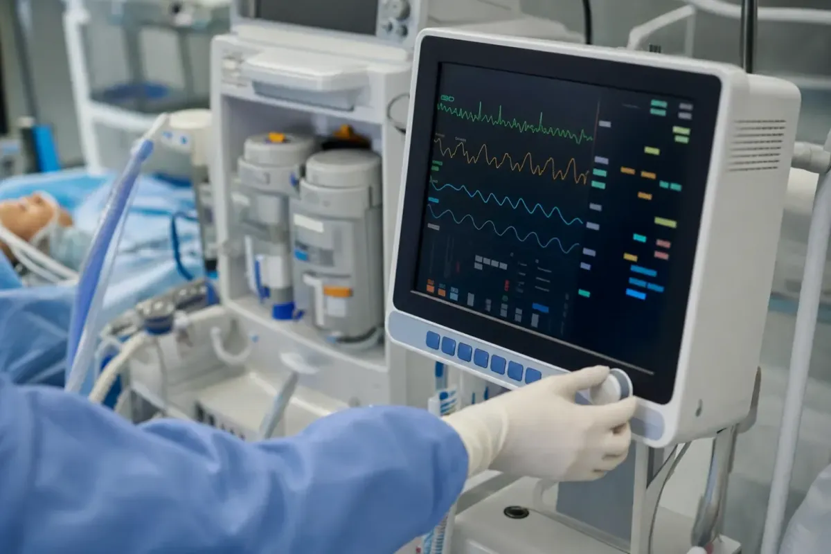Anesthesia monitor and workstation showing patient vitals in a clinical setting