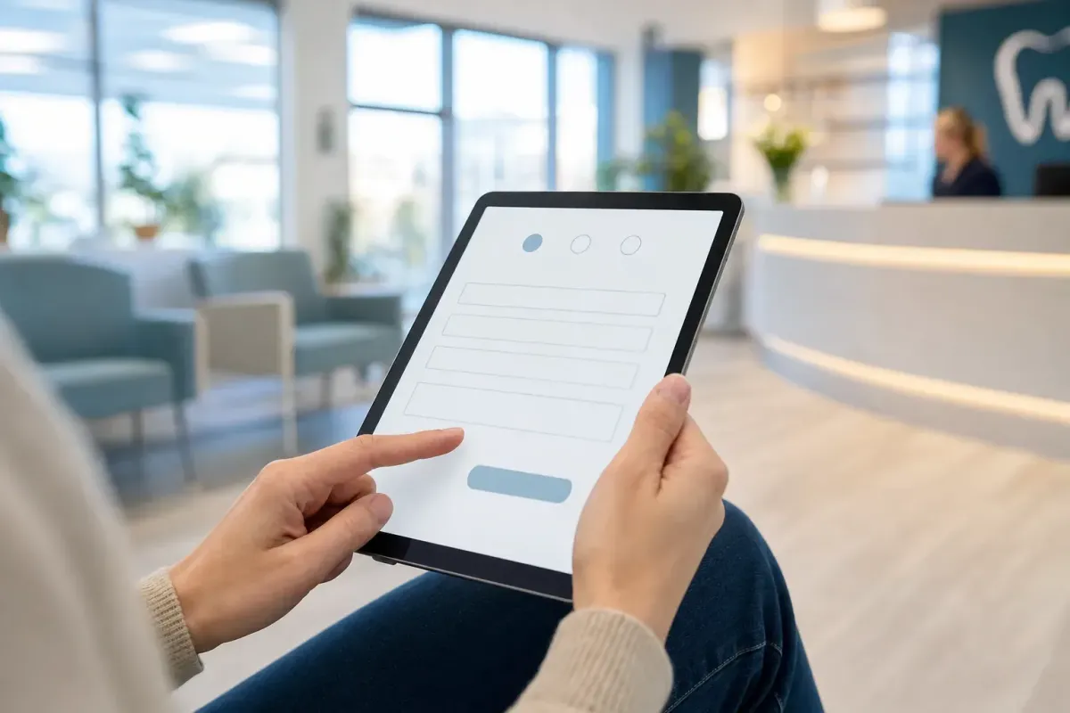 Patient completing a digital dental intake form on a tablet in a modern waiting area