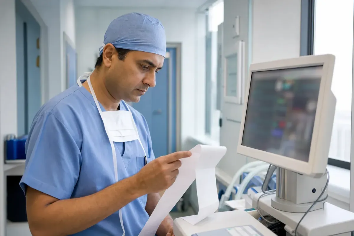 Physician reviewing an anesthesia record during a medical board investigation context