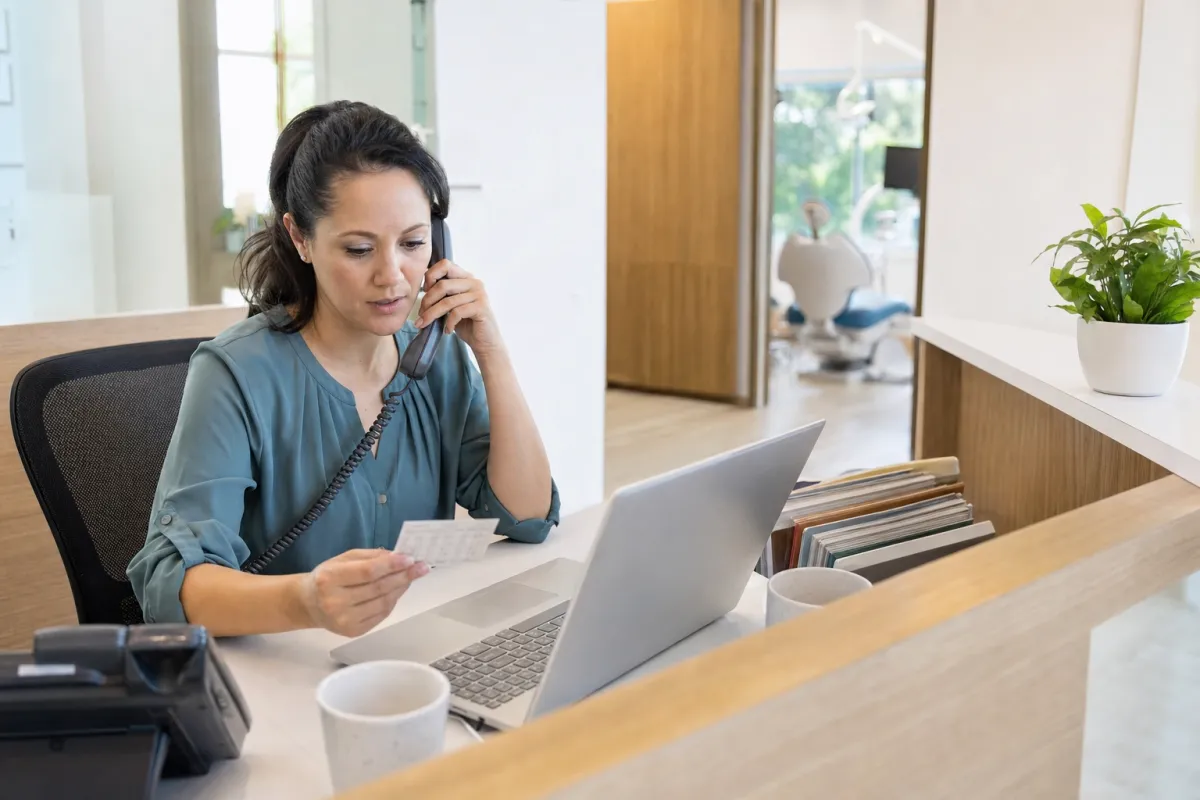 Dental office manager on the phone with Humana Dental while holding a patient insurance card
