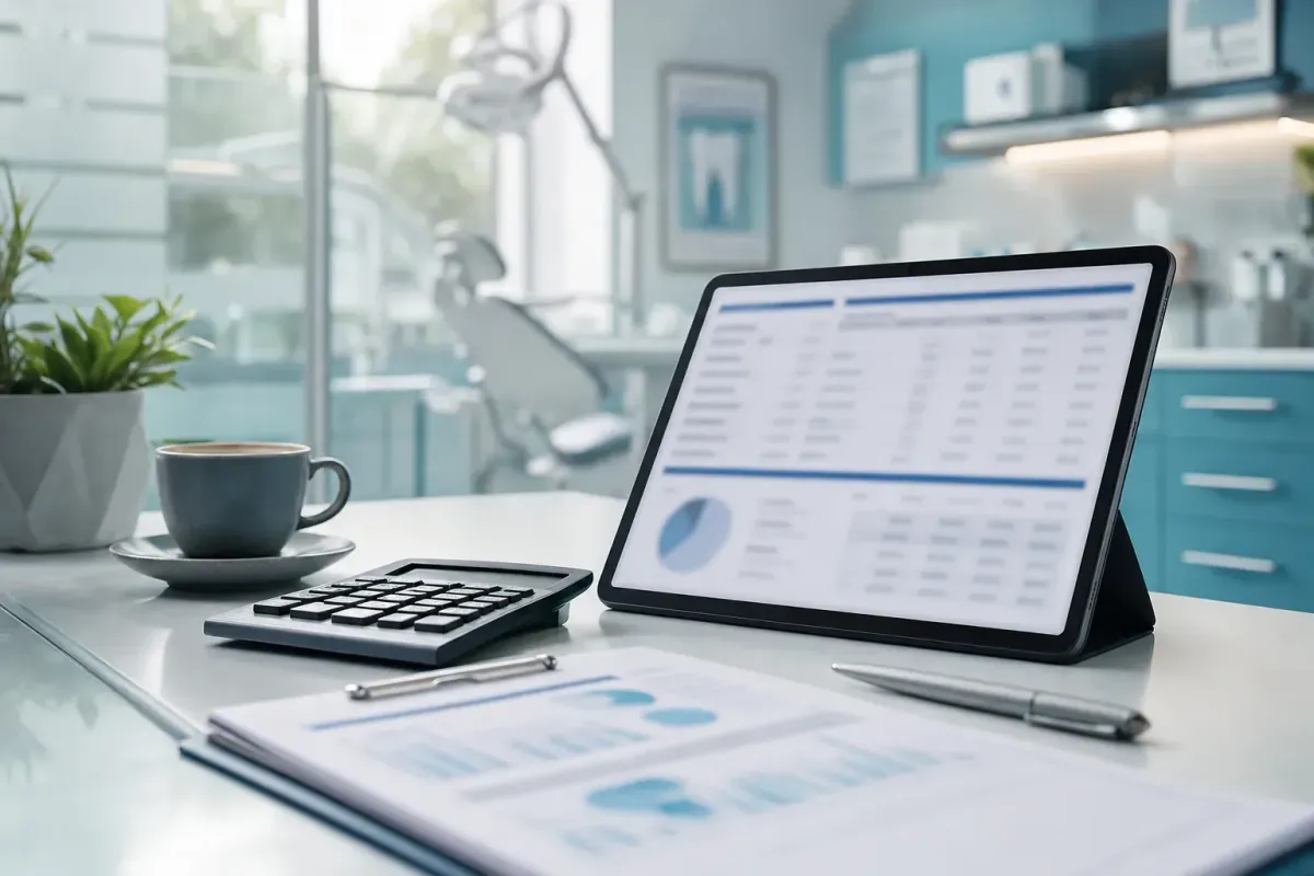 Dental office back-office desk with calculator and expense report representing overhead and cost management