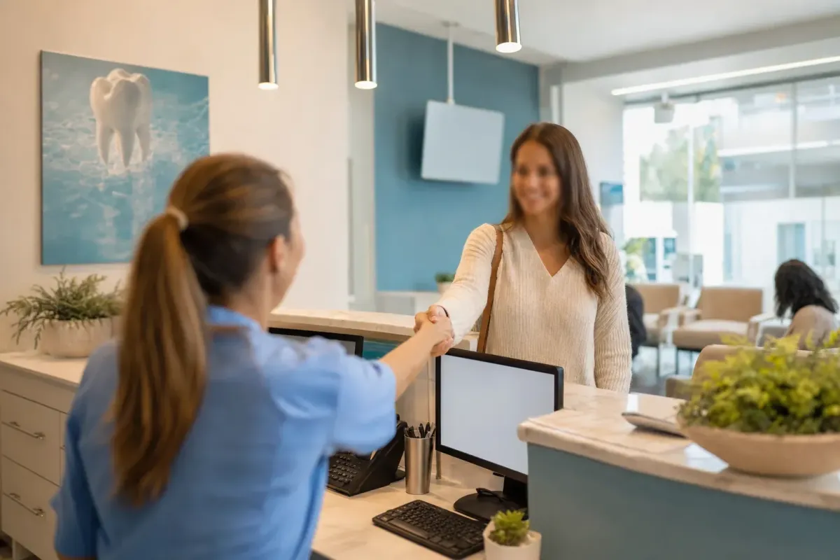 Warm modern dental reception representing patient acquisition, retention, and long-term loyalty