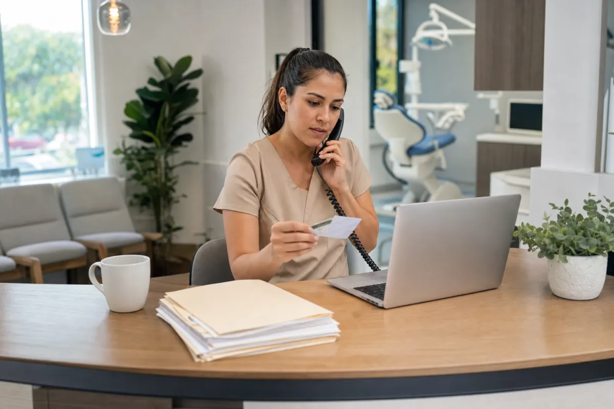Dental billing coordinator on the phone with Cigna while holding a patient insurance card