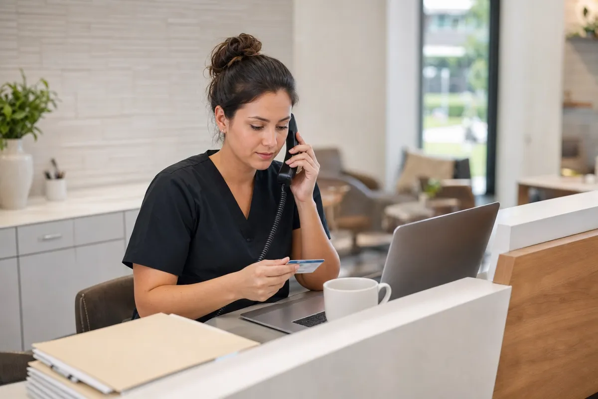 Dental billing coordinator on the phone with Premera Blue Cross while holding a patient insurance card