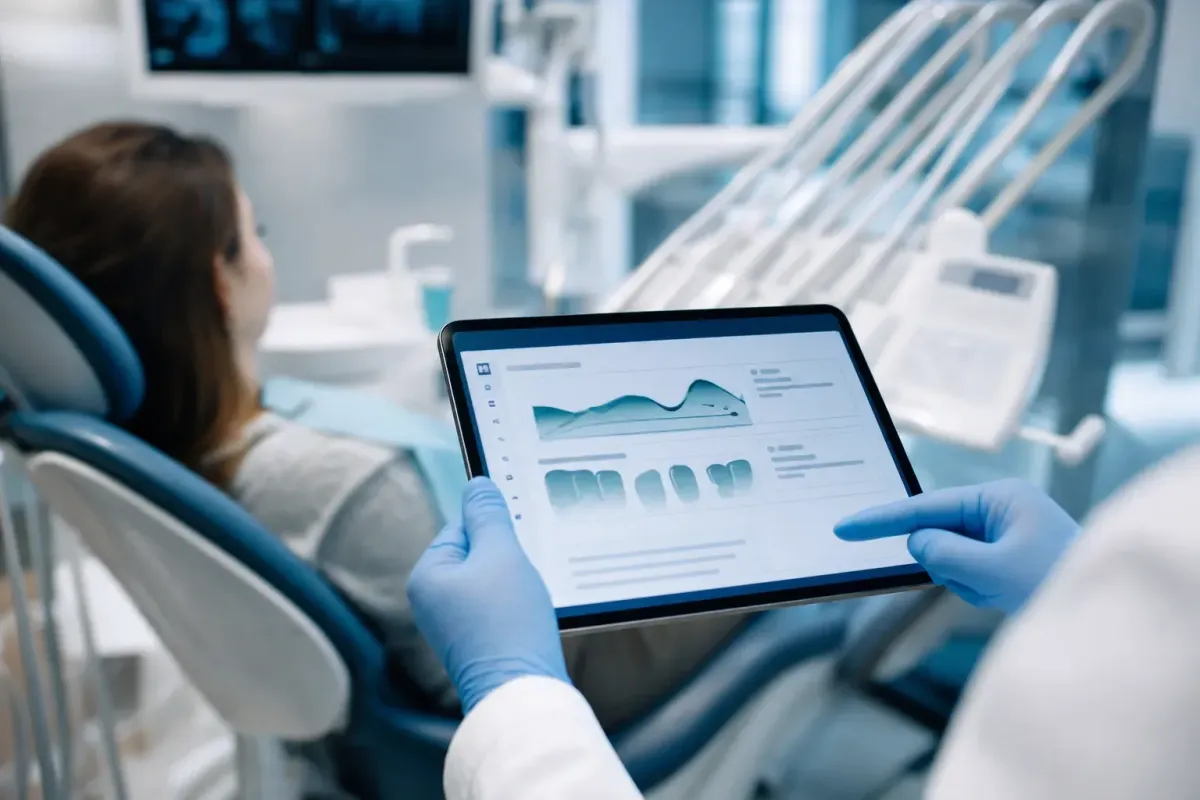Clinician reviewing a post-operative recovery chart on a tablet during a dental follow-up visit