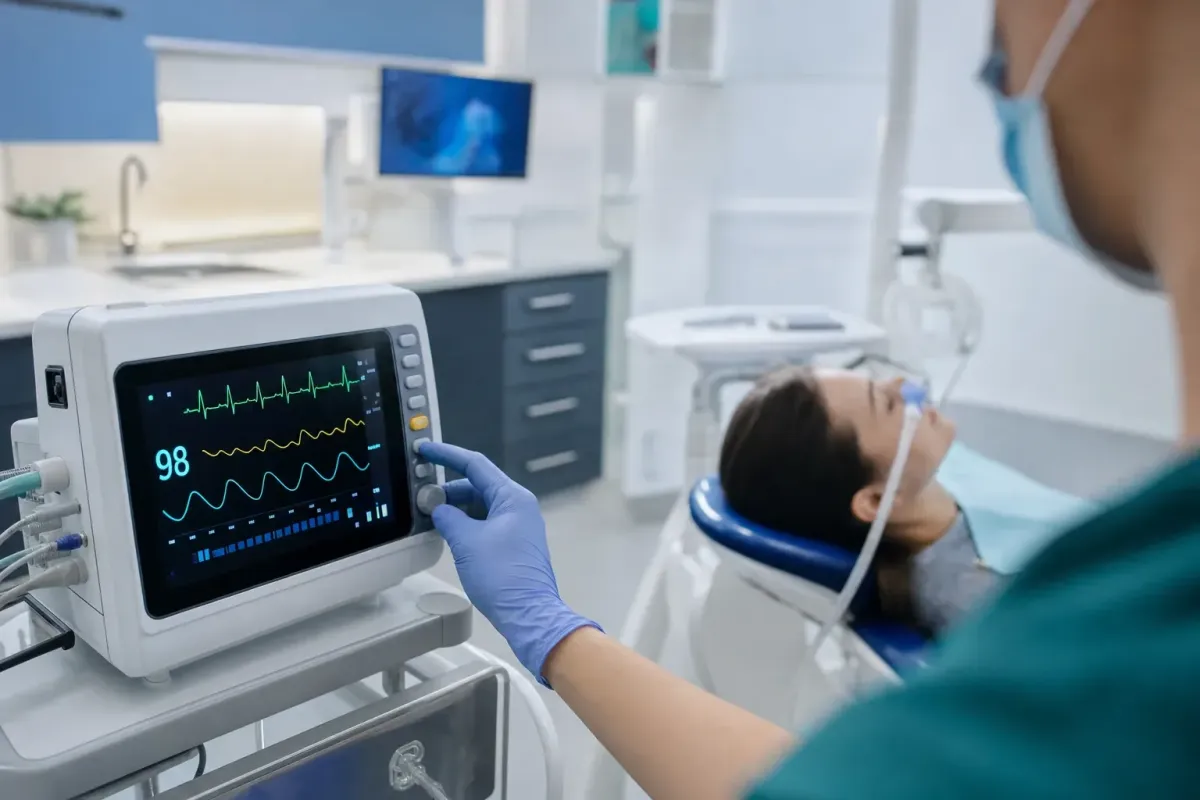 Sedation monitor showing vitals and oxygen saturation in a dental operatory