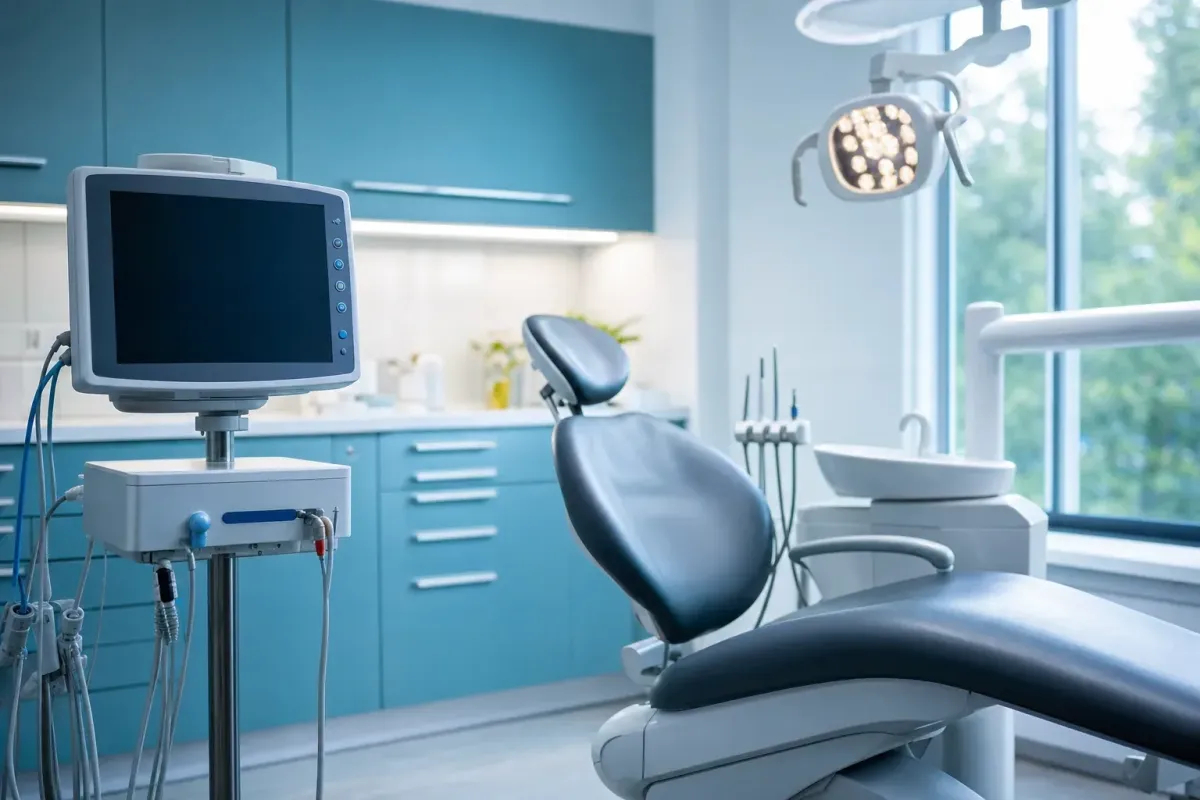 Empty modern dental sedation operatory with a vital-signs monitor beside a treatment chair
