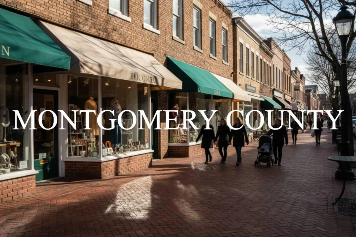 Montgomery County streetscape with boutique shops and brick sidewalks, midday soft shadows and people silhouettes for lifestyle context in neighborhood feature card.