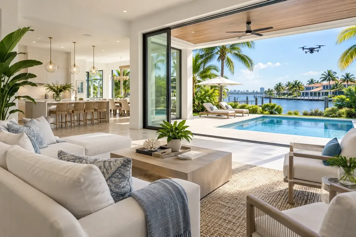 Staged South Florida living room with large windows for photos