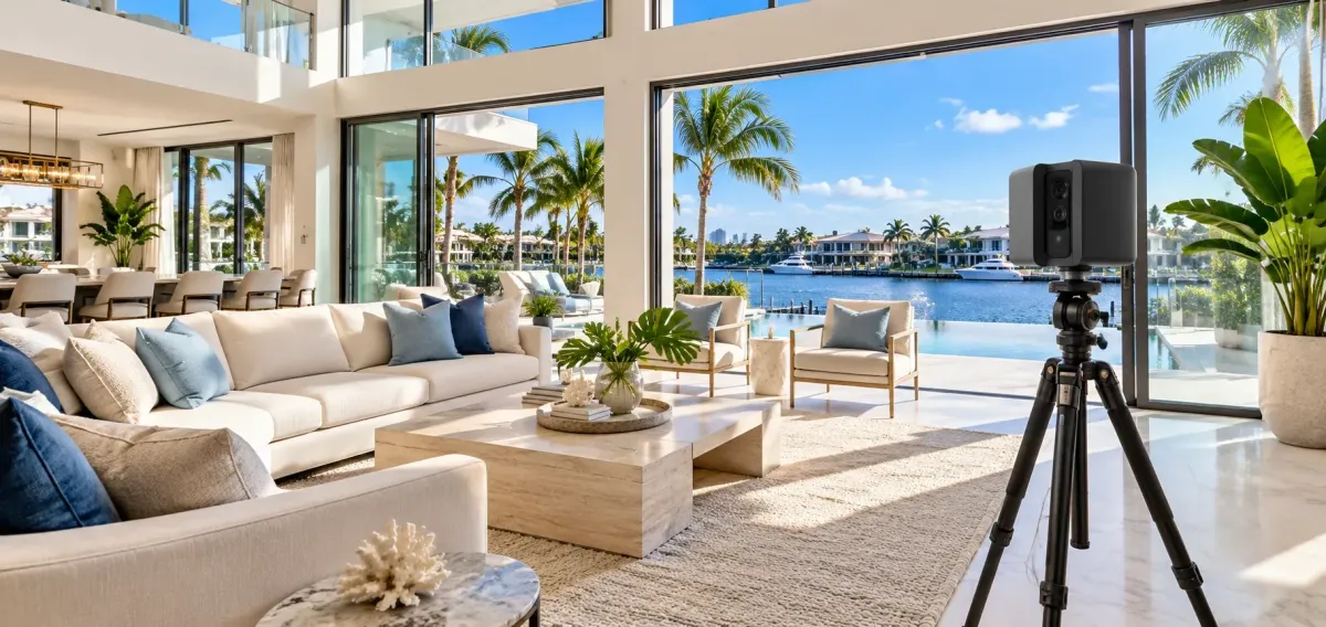 Matterport 3D tour dollhouse view of a South Florida waterfront home on a phone screen