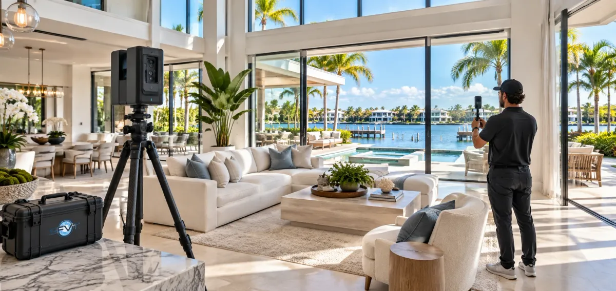 Tour 3D de Matterport y tour de Zillow 3D Home de una casa del sur de la Florida, uno al lado del otro en una laptop y un teléfono