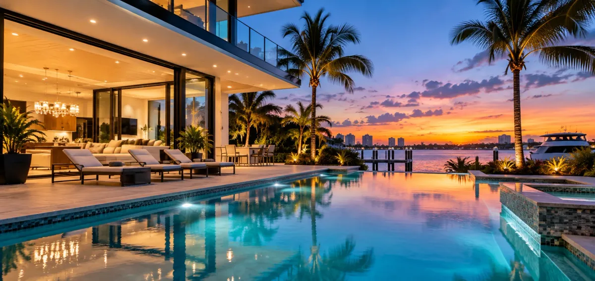 South Florida home with a lit pool and exterior lights just after sunset