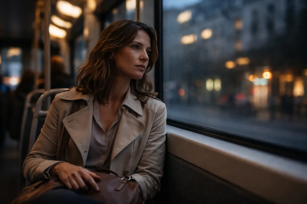 Professional midlife expat sitting alone on a city tram at dawn, looking out the window with a thoughtful, slightly distant expression, conveying quiet emotional fatigue beneath outward composure.