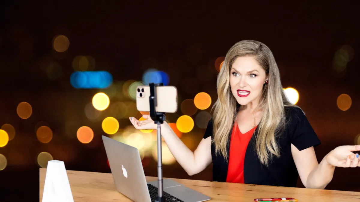 Confident entrepreneur launching webinar to live audience.