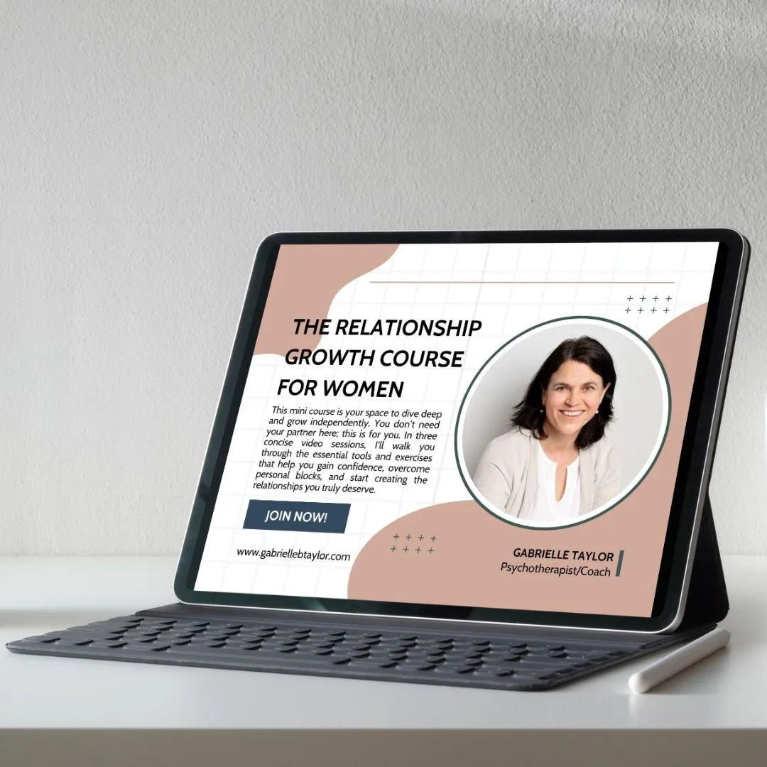 Tablet showing Gabrielle Taylor, ‘Relationship Growth Course for Women’ title, and a ‘Join Now’ button