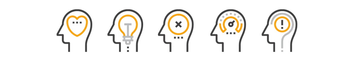 Five outlined human heads each representing different thought or emotional styles: a heart, a lightbulb, an X mark, a speed gauge, and an exclamation point inside each head.