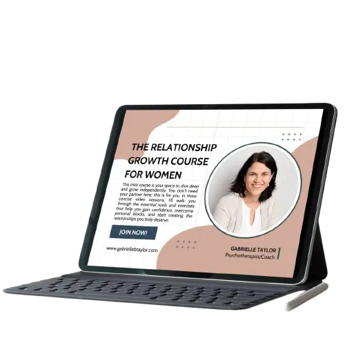 Tablet showing Gabrielle Taylor, ‘Relationship Growth Course for Women’ title, and a ‘Join Now’ button